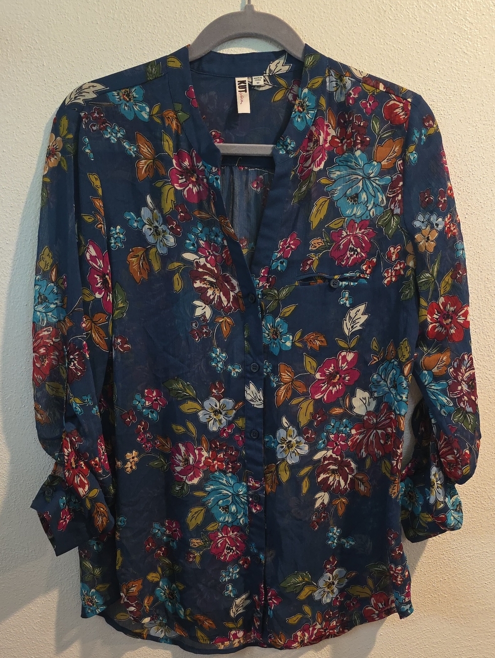 Kut From The Cloth Navy Semi Sheer Blouse With Bold Floral Pattern